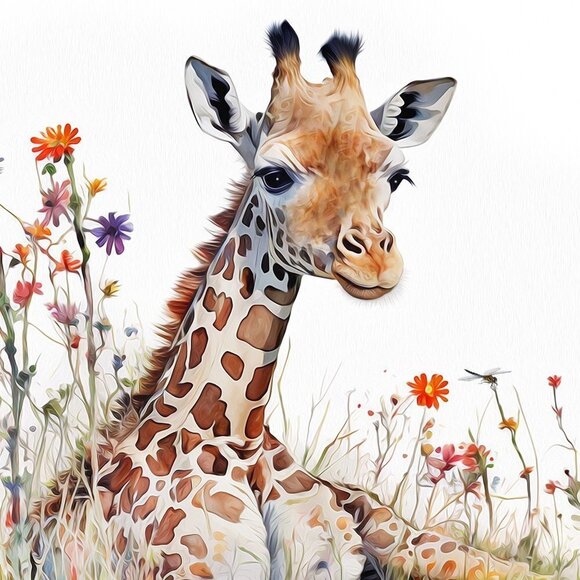 16x20‎ Giraffe Resting Wildflowers Dragonfly Watercolor Oil Painting Art Print - Picture 4 of 6